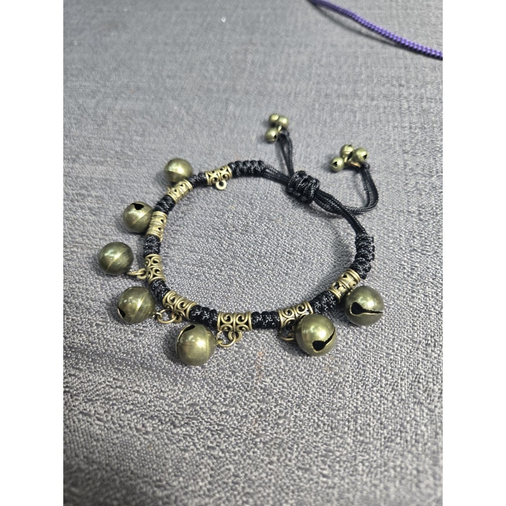 Boho Adjustable Jingle Bell Bracelet Black Cord Antique Bronze Charm Bracelet